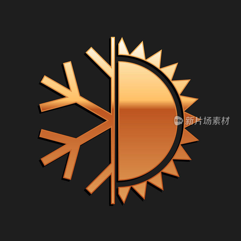 Gold Hot and cold symbol. Sun and snowflake icon isolated on black background. Winter and summer symbol. Long shadow style. Vector